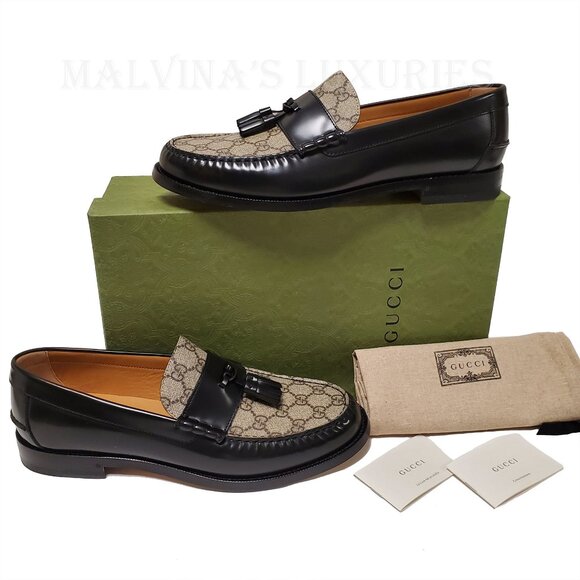 GUCCI SHOES TASSELS G LOGO SUPREME BLACK LOAFERS MOCCASINS - Picture 4 of 16